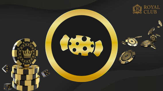 Royal Club logo with golden casino chips, dice, and a black and gold circular icon featuring a candy with polka dots in the center, symbolizing game options.