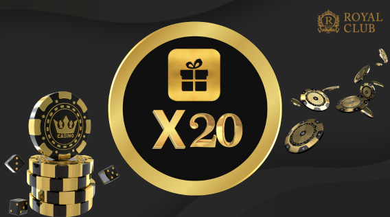 20x wagering requirement with a gift icon at Royal Club Casino, featuring casino chips and dice.