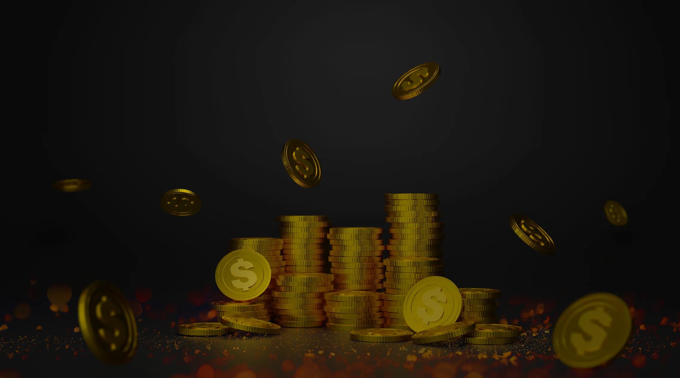 Stacks of gold coins with dollar signs and floating coins in a dark background.