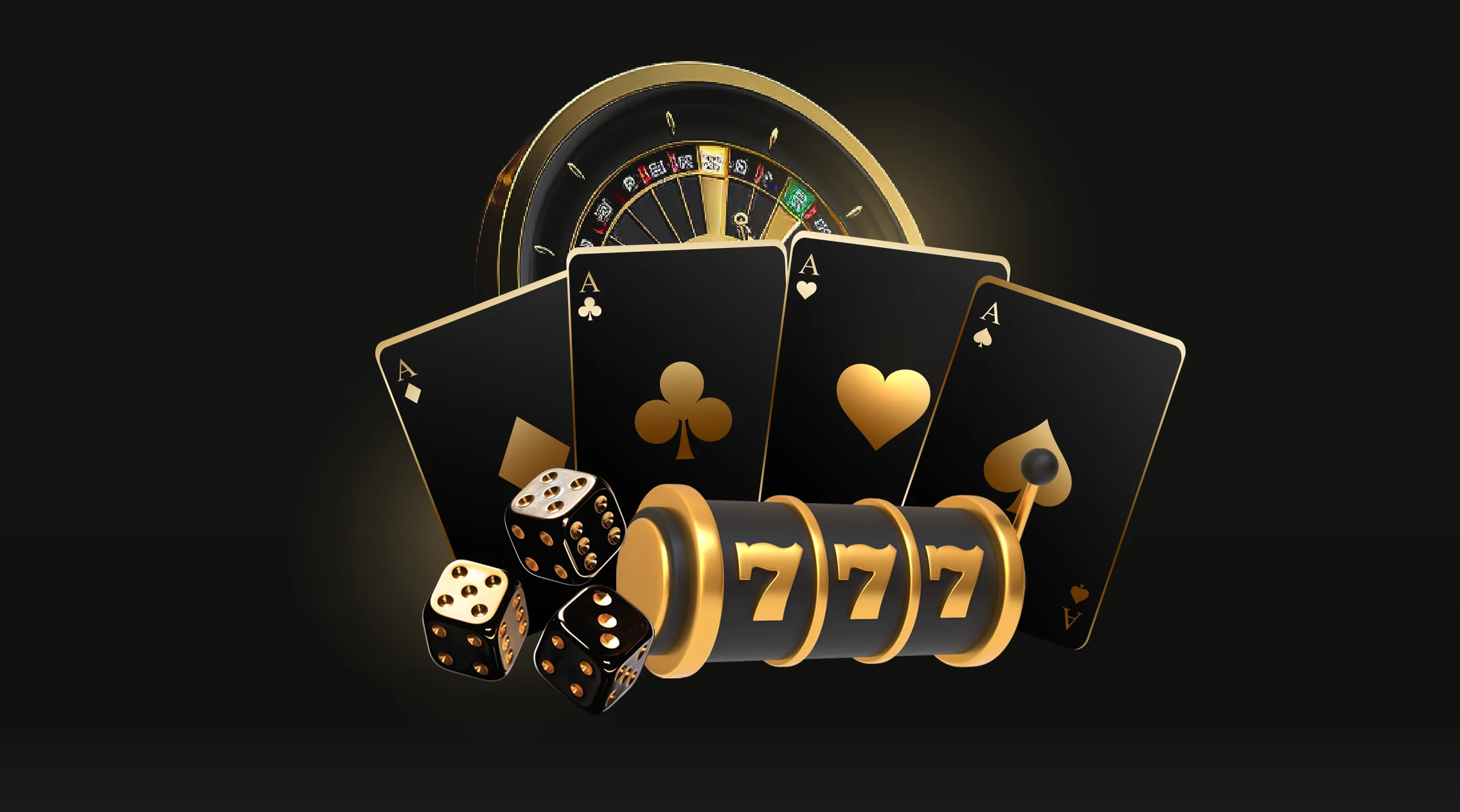 3D illustration of a roulette wheel, slot machine with 7s, dice, and Aces playing cards.