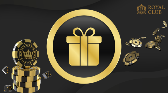 Royal Club logo with gold casino chips, dice, and a gift box icon symbolizing bonuses or promotions.