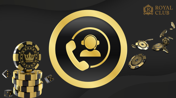 Royal Club logo with gold casino chips, dice, and a customer support icon featuring a headset and phone.