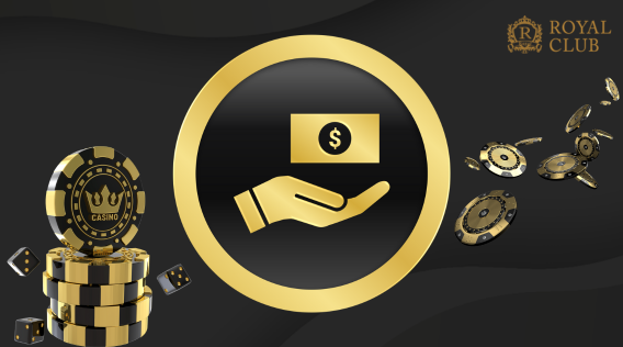 Royal Club logo with gold casino chip, dice, and hand icon holding dollar sign, symbolizing payment services.