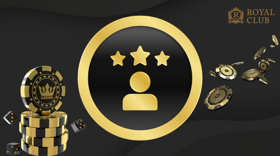 Royal Club logo with gold casino chips, dice, and a user icon featuring three stars, representing reputation and user feedback.