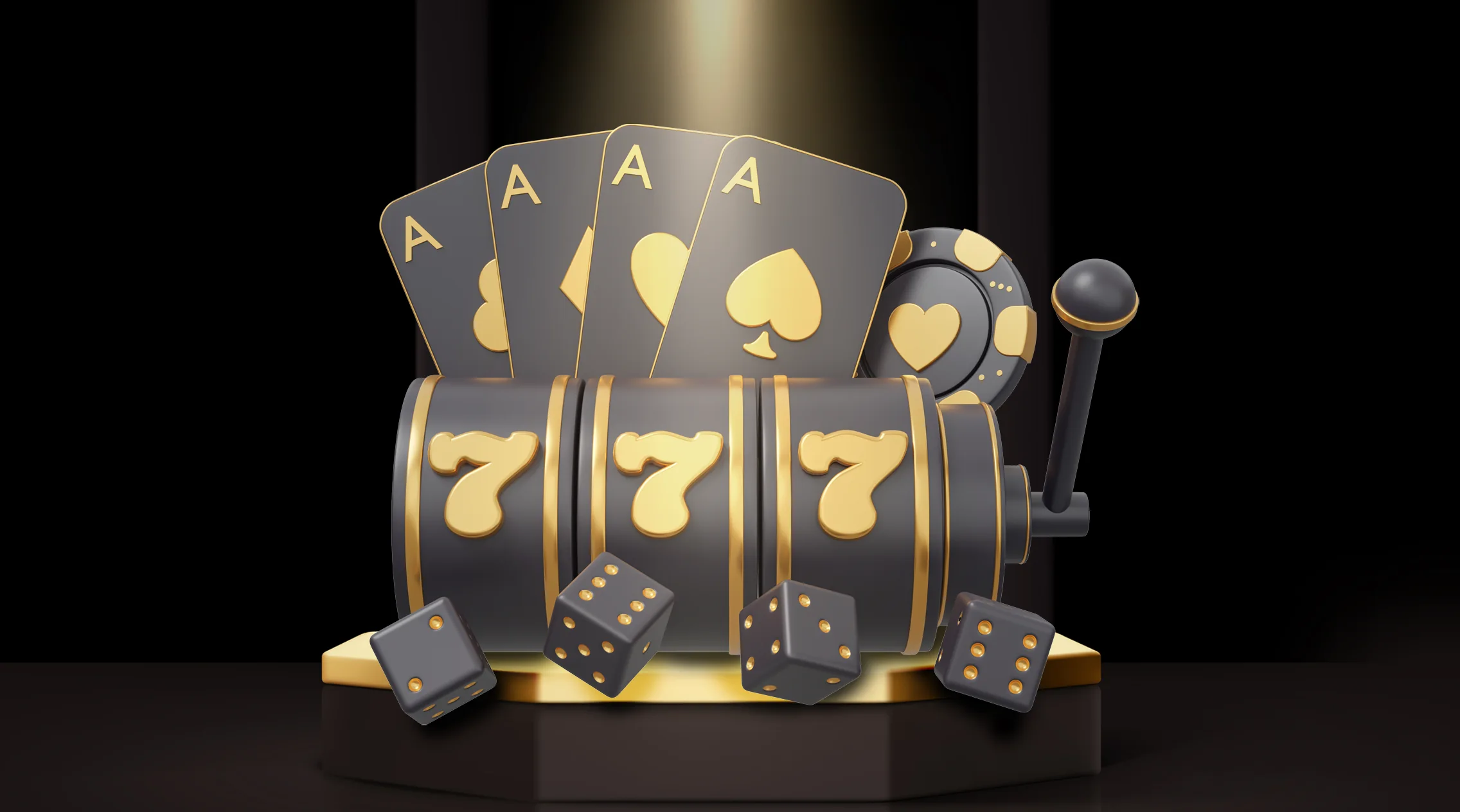 3D illustration of a slot machine with Aces, 7s, dice, and casino elements.