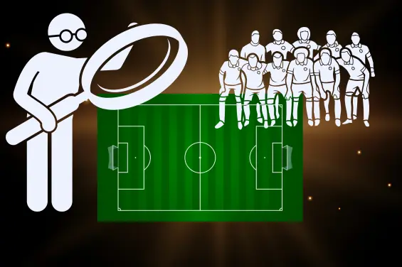 An illustration symbolizing sports team analysis, featuring a person holding a magnifying glass looking at a soccer field with players positioned on it.