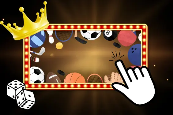Illustration symbolizing sportsbook selection, featuring sports equipment within a glowing frame, with a crown and hand cursor indicating choice.