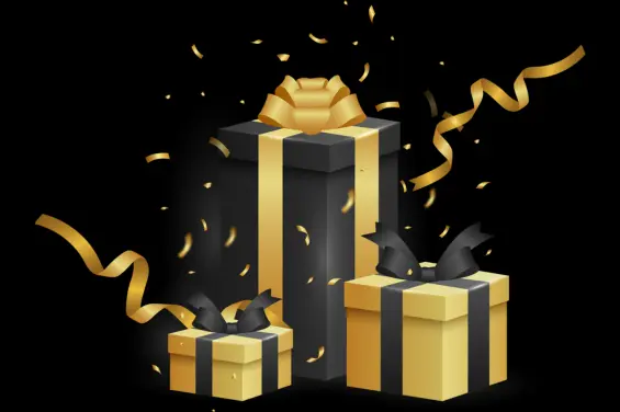 Black and gold gift box with ribbon.