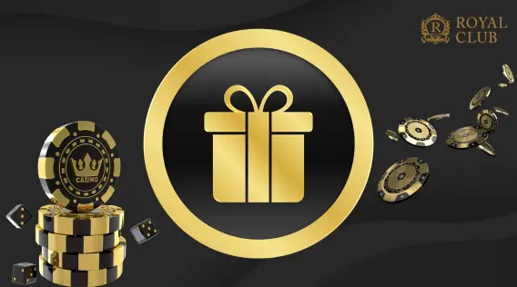 Royal Club logo with gold casino chips, dice, and a gift box icon symbolizing bonuses or promotions.