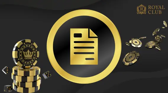 Royal Club logo with gold casino chips, dice, and a document icon representing a casino license.
