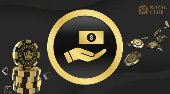 Royal Club logo with gold casino chips, dice, and a hand icon holding a dollar sign, symbolizing payment services.