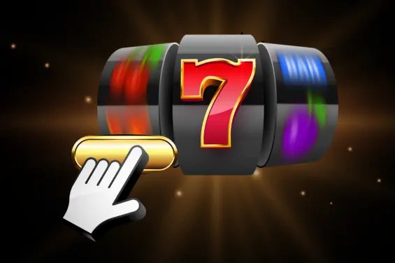 Slot machine reel with the number 7 and a hand clicking a button.