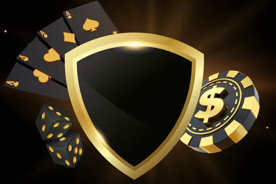 Icon with cards, dice, casino chips, and a gold shield.