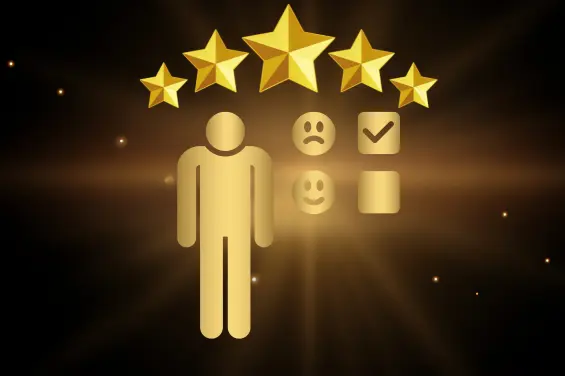 User feedback icon with star ratings and satisfaction icons.