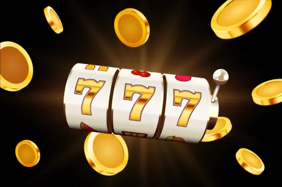 Slot machine showing 777 with gold coins flying around.