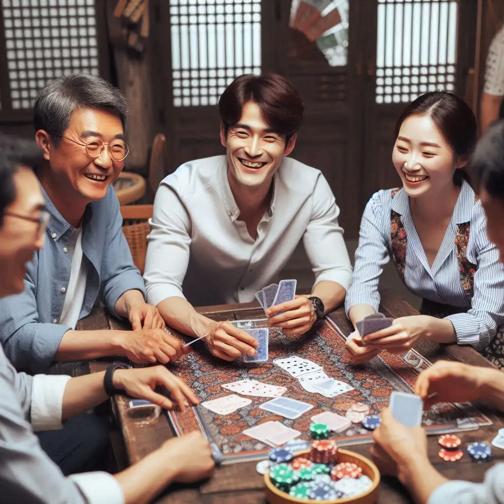 Korean Family playing cards happy and responsibly