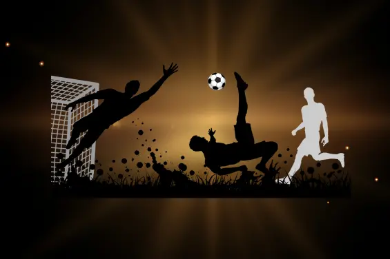 축구 경기 중 다양한 선수들이 활동하는 장면을 상징하는 이미지, 골키퍼와 다양한 자세의 축구선.