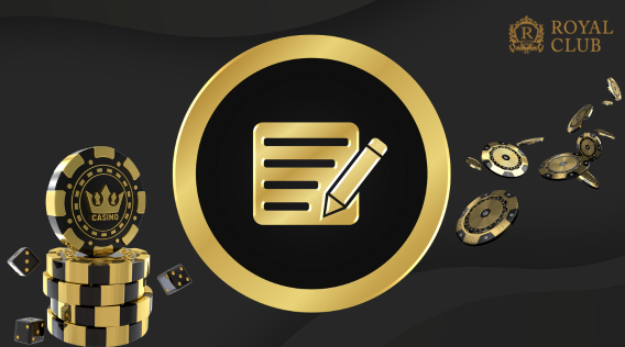 로열 클럽 로고와 금색 카지노 칩, 주사위, 중앙에 있는 연필과 종이 아이콘이 카지노 보너스 조건을 상징합니다.