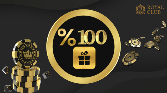 로얄 클럽 카지노에서 100% 보너스와 선물 아이콘, 카지노 칩과 주사위 포함.