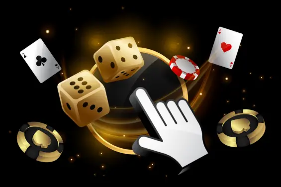 주사위, 카드, 칩, 클릭 가능한 손 아이콘.