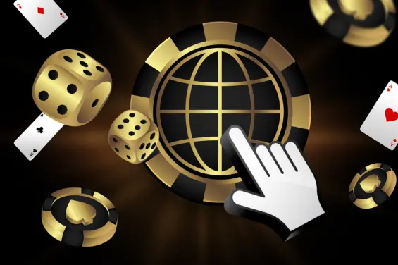 카드, 주사위, 카지노 칩, 클릭 가능한 세계 지도를 나타내는 손 아이콘이 포함된 그래픽.
